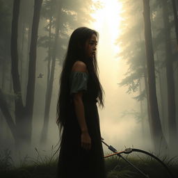 A hauntingly beautiful scene depicting Kalinaw, a young woman with long flowing hair, standing alone at the edge of a serene, misty forest