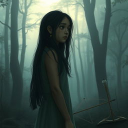 A hauntingly beautiful scene depicting Kalinaw, a young woman with long flowing hair, standing alone at the edge of a serene, misty forest