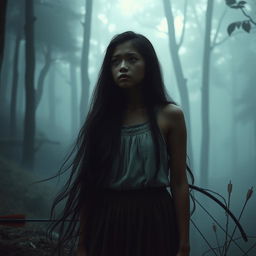 A hauntingly beautiful scene depicting Kalinaw, a young woman with long flowing hair, standing alone at the edge of a serene, misty forest