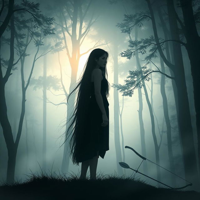 A hauntingly beautiful scene depicting Kalinaw, a young woman with long flowing hair, standing alone at the edge of a serene, misty forest