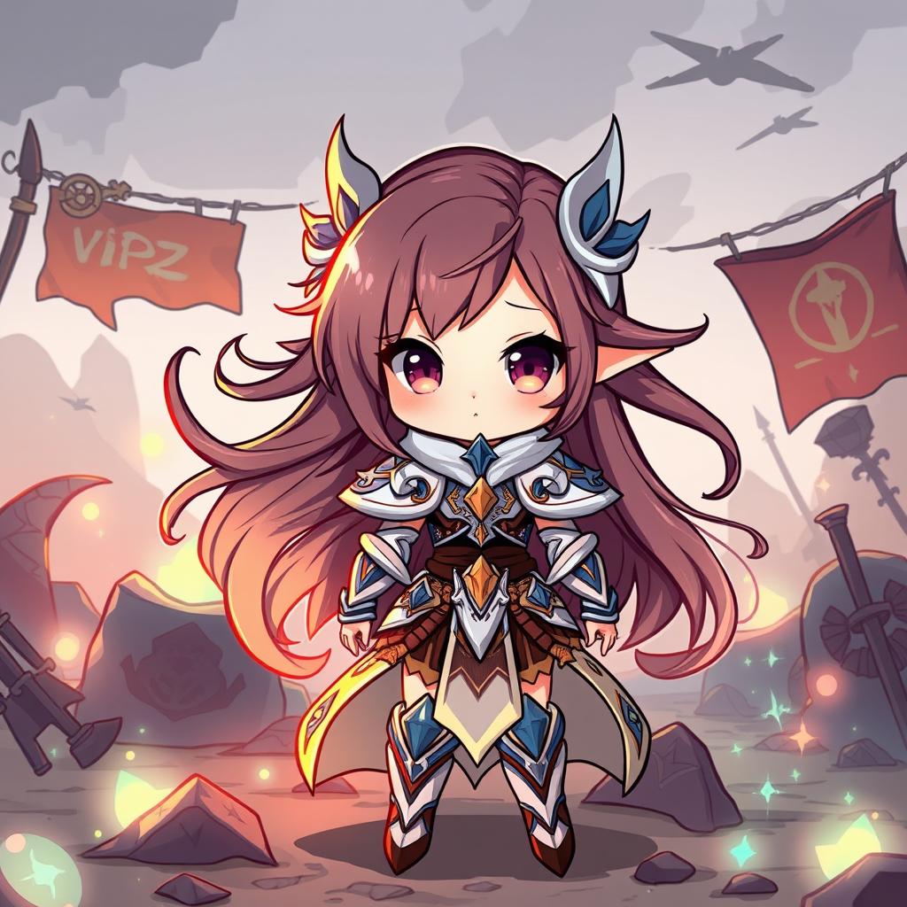 A cute girl in a stylized fantasy setting, representing the VIPZ Alliance, wearing an intricately designed battle outfit inspired by a last war theme