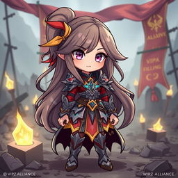 A cute girl in a stylized fantasy setting, representing the VIPZ Alliance, wearing an intricately designed battle outfit inspired by a last war theme