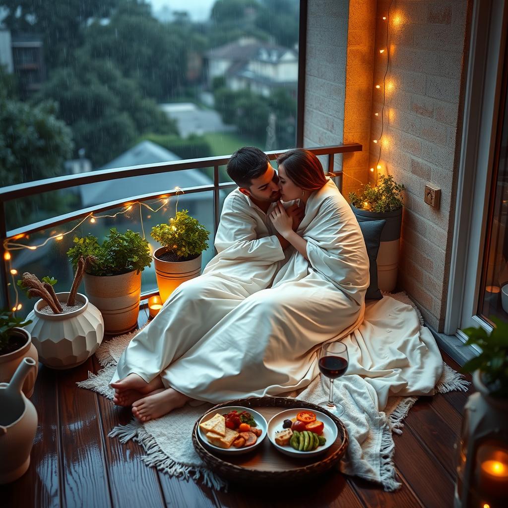 A cozy balcony scene during a gentle rain, featuring a couple wrapped in a soft bedsheet, cuddling together while sitting on a plush mat