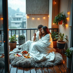 A cozy balcony scene during a gentle rain, featuring a couple wrapped in a soft bedsheet, cuddling together while sitting on a plush mat