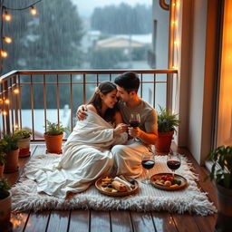 A cozy balcony scene during a gentle rain, featuring a couple wrapped in a soft bedsheet, cuddling together while sitting on a plush mat