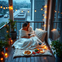 A cozy balcony scene during a gentle rain, featuring a couple wrapped in a soft bedsheet, cuddling together while sitting on a plush mat