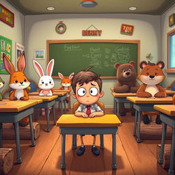 A tense scene set in a whimsical animal classroom where all the animals are students and a small humanoid character named Benny is sitting at his desk, feeling anxious and wishing to disappear