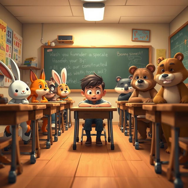 A tense scene set in a whimsical animal classroom where all the animals are students and a small humanoid character named Benny is sitting at his desk, feeling anxious and wishing to disappear