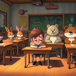 A tense scene set in a whimsical animal classroom where all the animals are students and a small humanoid character named Benny is sitting at his desk, feeling anxious and wishing to disappear