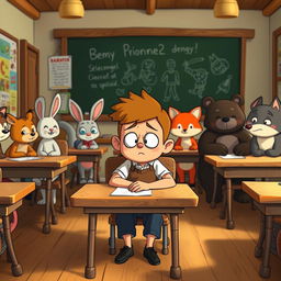 A tense scene set in a whimsical animal classroom where all the animals are students and a small humanoid character named Benny is sitting at his desk, feeling anxious and wishing to disappear