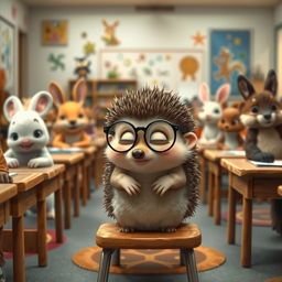 A scene depicting a quiet classroom filled with various animals, focusing on a small hedgehog named Benny