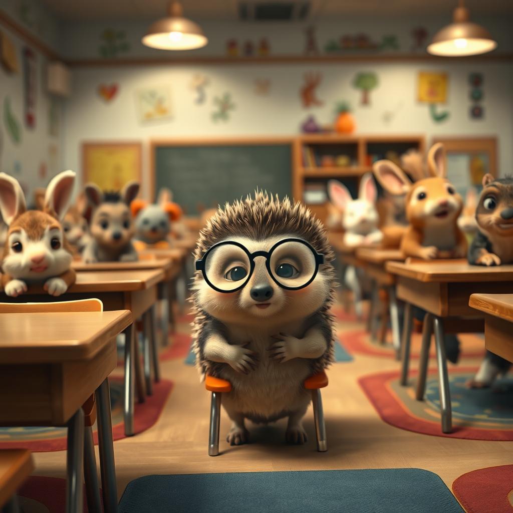 A scene depicting a quiet classroom filled with various animals, focusing on a small hedgehog named Benny