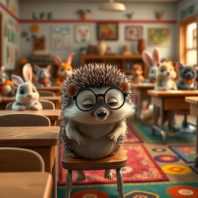 A scene depicting a quiet classroom filled with various animals, focusing on a small hedgehog named Benny