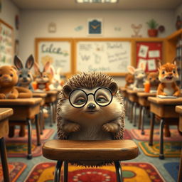 A scene depicting a quiet classroom filled with various animals, focusing on a small hedgehog named Benny