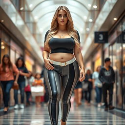 A sexy, beautiful, innocent-looking long curvy girl with a voluptuous hourglass shape, featuring medium-sized breasts and very low, wide, fat saddle bag bimbo hips