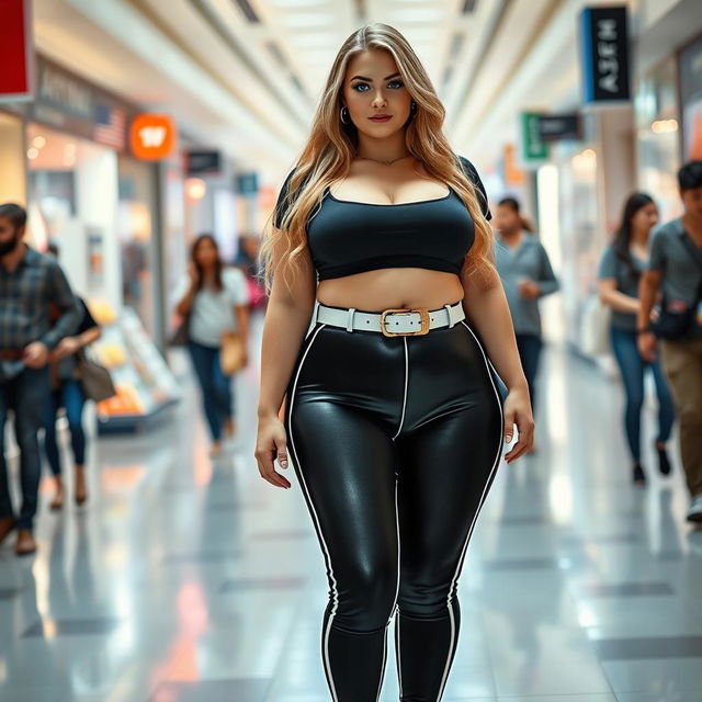 A sexy, beautiful, innocent-looking long curvy girl with a voluptuous hourglass shape, featuring medium-sized breasts and very low, wide, fat saddle bag bimbo hips