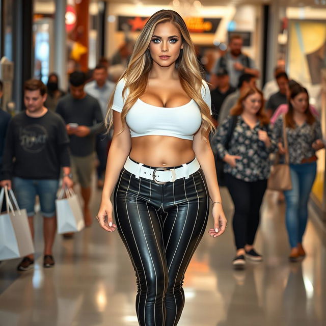 A sexy, beautiful, innocent-looking long curvy girl with an hourglass shape, featuring medium-sized breasts and very low, very wide, fat saddle bag bimbo hips