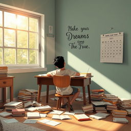 A motivational scene depicting a student sitting at a study desk, surrounded by scattered books and notes