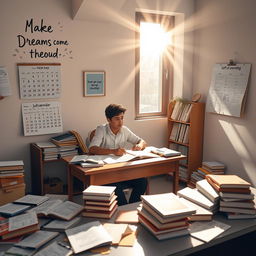 A motivational scene depicting a student sitting at a study desk, surrounded by scattered books and notes