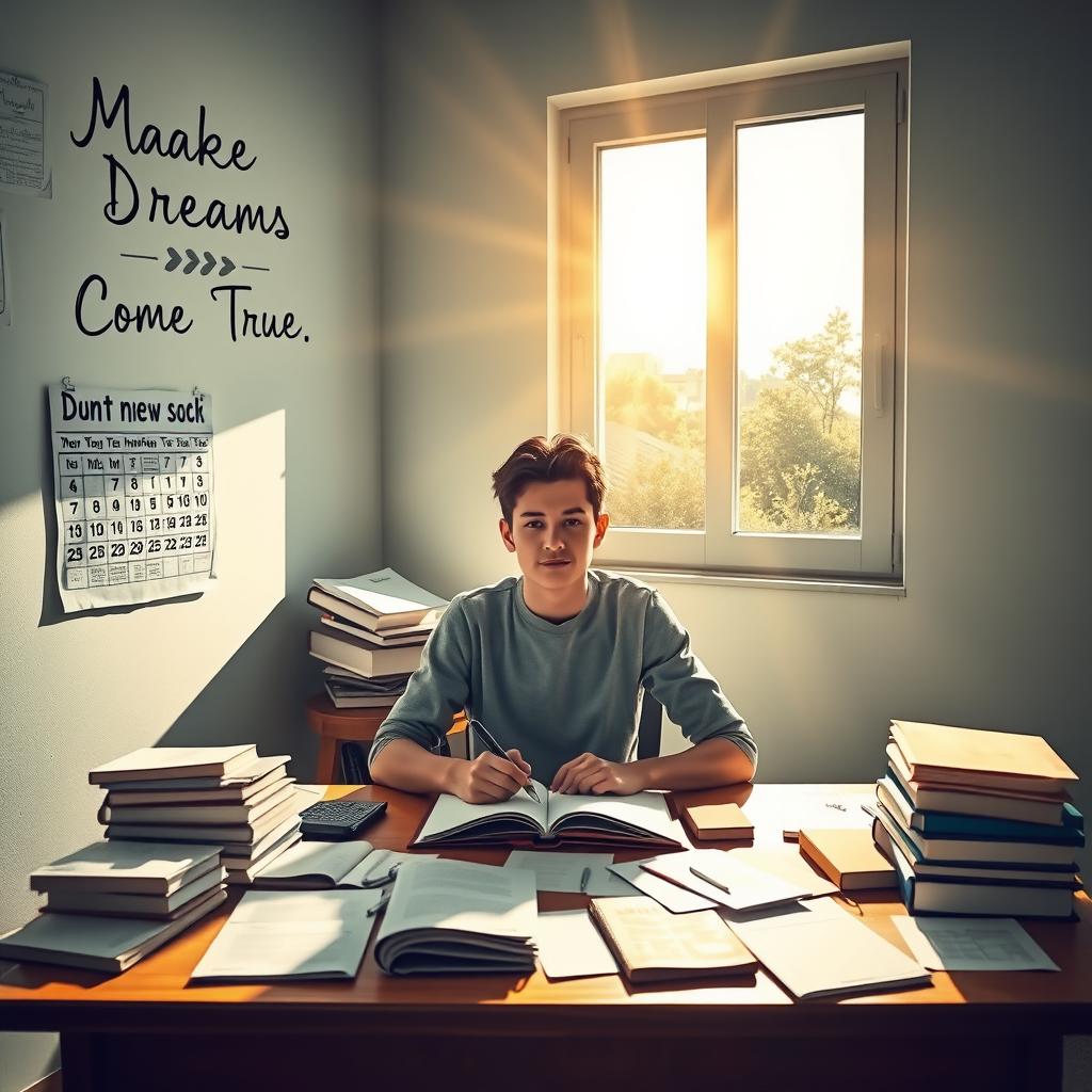 A motivational scene depicting a student sitting at a study desk, surrounded by scattered books and notes