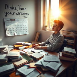 A motivational scene depicting a student sitting at a study desk, surrounded by scattered books and notes