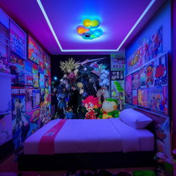 A fresh, vibrant room housing a double bed, neon lighting, a LED-lit ceiling, allocated space for action figures and stuffed toys, and an anime poster-decorated wall.