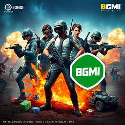 A vibrant and dynamic thumbnail design for a BGMI (Battlegrounds Mobile India) video, featuring a group of four diverse and intense characters in action poses, showcasing military attire with futuristic weaponry
