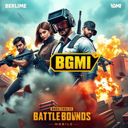 A vibrant and dynamic thumbnail design for a BGMI (Battlegrounds Mobile India) video, featuring a group of four diverse and intense characters in action poses, showcasing military attire with futuristic weaponry