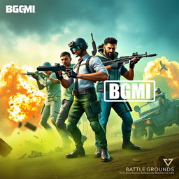 A vibrant and dynamic thumbnail design for a BGMI (Battlegrounds Mobile India) video, featuring a group of four diverse and intense characters in action poses, showcasing military attire with futuristic weaponry