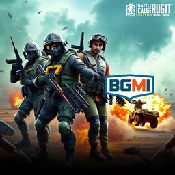 A vibrant and dynamic thumbnail design for a BGMI (Battlegrounds Mobile India) video, featuring a group of four diverse and intense characters in action poses, showcasing military attire with futuristic weaponry