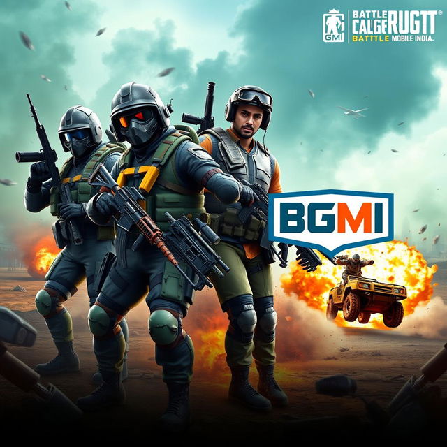 A vibrant and dynamic thumbnail design for a BGMI (Battlegrounds Mobile India) video, featuring a group of four diverse and intense characters in action poses, showcasing military attire with futuristic weaponry