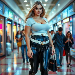 A sexy, beautiful, innocent-looking long hourglass shaped girl with medium-sized breasts and very low, very wide, fat saddle bag bimbo hips