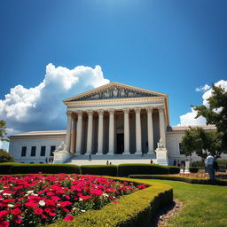 A stunning view of the Supreme Court building with its iconic neoclassical architecture, featuring grand marble columns and a prominent pediment