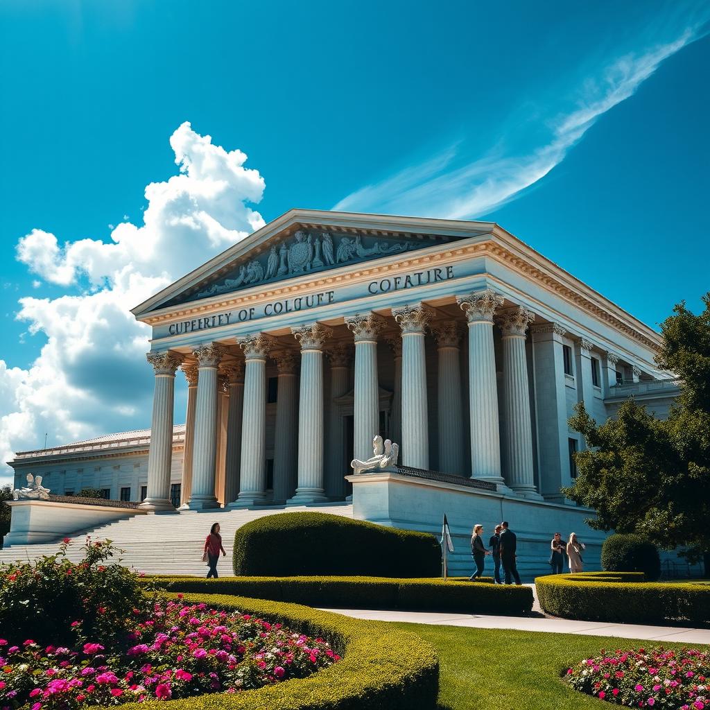 A stunning view of the Supreme Court building with its iconic neoclassical architecture, featuring grand marble columns and a prominent pediment