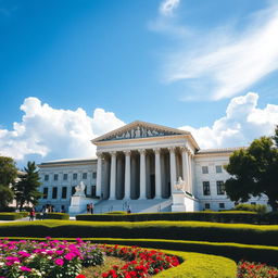 A stunning view of the Supreme Court building with its iconic neoclassical architecture, featuring grand marble columns and a prominent pediment