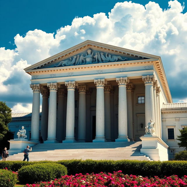 A stunning view of the Supreme Court building with its iconic neoclassical architecture, featuring grand marble columns and a prominent pediment