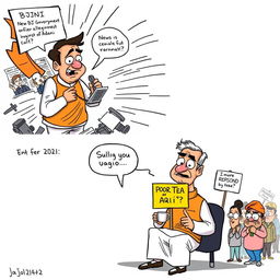 A humorous cartoon depicting two panels: the first panel shows a fast-paced scene where a member of the BJP government is rapidly responding to allegations against Adani, with exaggerated speed lines and action effects, surrounded by news headlines and reporters asking questions
