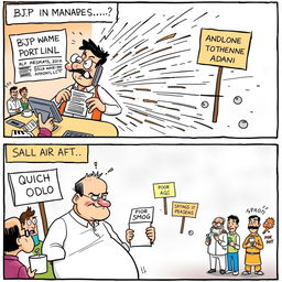 A humorous cartoon depicting two panels: the first panel shows a fast-paced scene where a member of the BJP government is rapidly responding to allegations against Adani, with exaggerated speed lines and action effects, surrounded by news headlines and reporters asking questions