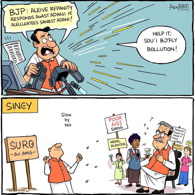 A humorous cartoon depicting two panels: the first panel shows a fast-paced scene where a member of the BJP government is rapidly responding to allegations against Adani, with exaggerated speed lines and action effects, surrounded by news headlines and reporters asking questions