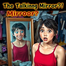 A young woman named Mia with a shocked, wide-eyed expression standing in front of a mirror, her hair slightly messy to add to the surprise