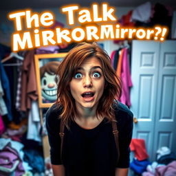 A young woman named Mia with a shocked, wide-eyed expression standing in front of a mirror, her hair slightly messy to add to the surprise