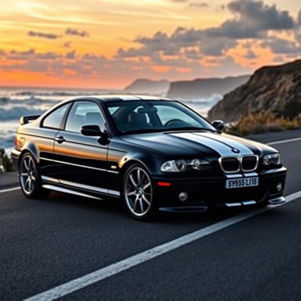 A sleek black BMW E46 coupe featuring striking white racing stripes across its body