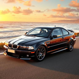 A sleek black BMW E46 coupe featuring striking white racing stripes across its body