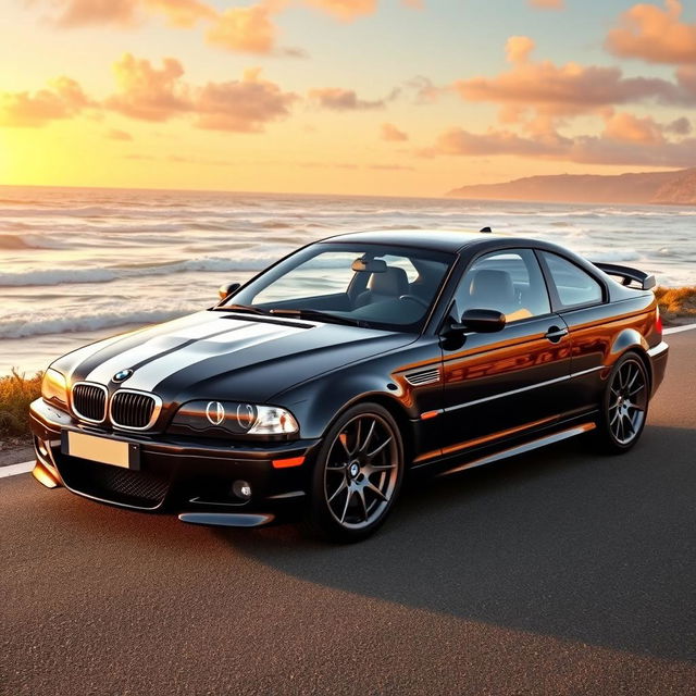 A sleek black BMW E46 coupe featuring striking white racing stripes across its body