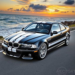 A sleek black BMW E46 coupe featuring striking white racing stripes across its body