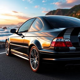 A sleek black BMW E46 coupe featuring striking white racing stripes across its body