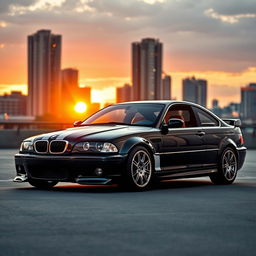 A stunning black BMW E46 coupe with striking white racing stripes, parked in an urban setting
