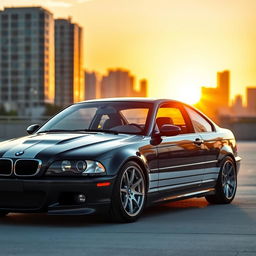 A stunning black BMW E46 coupe with striking white racing stripes, parked in an urban setting