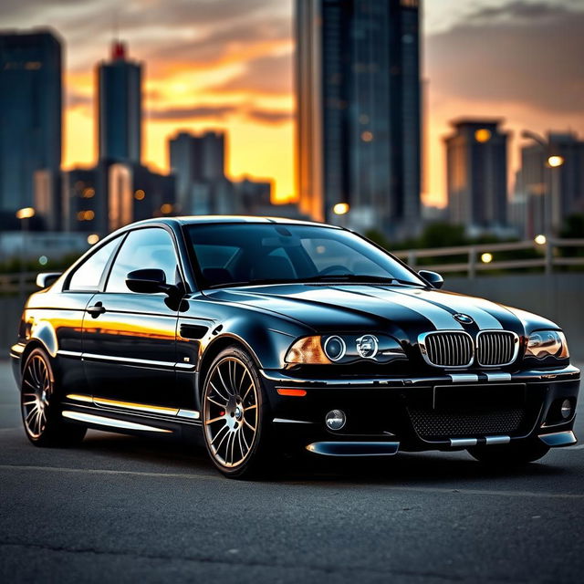 A stunning black BMW E46 coupe with striking white racing stripes, parked in an urban setting