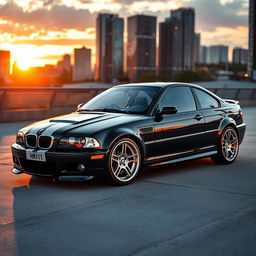 A stunning black BMW E46 coupe with striking white racing stripes, parked in an urban setting